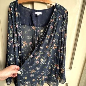 Navy Blue Floral sheer jacket/top *great piece for work!*